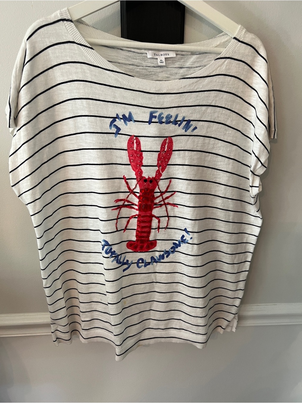 Talbots White & Navy Striped Short-Sleeve Tee with Red Lobster
